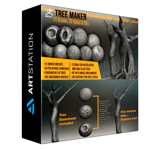 Tree Maker 117 ZBrush Brushes, 50 Alphas and 8 Tree Basemeshes