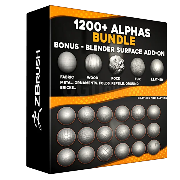 1200+ Alphas Bundle for ZBrush, Blender. Surface Add-on for Blender