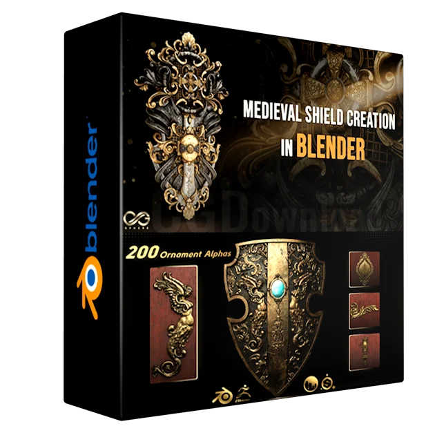 Create a Highly Detailed Shield in Blender - Tutorial Covering Modeling, Texturing, and Rendering, Plus 250 Ornamental Alphas Plus Ornaments Kitbash