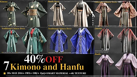 7 Kimono and Hanfu dress Marvelous Designer 4k Textures Smart material скачать