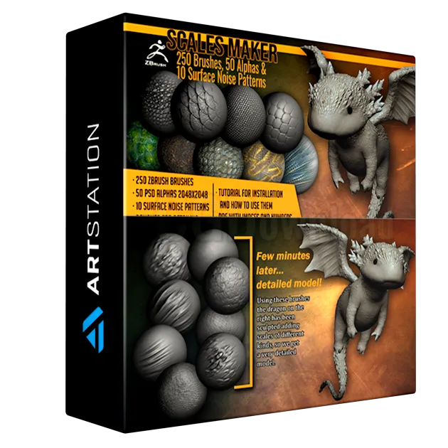 Scales Maker: 250 ZBrush Brushes, 50 Alphas, and 10 Surface Patterns