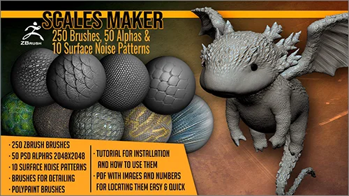 Scales Maker 250 ZBrush Brushes, 50 Alphas, and 10 Surface Patterns скачать