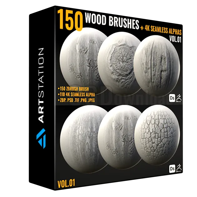 150 WOOD BRUSHES + 4K SEAMLESS ALPHAS - VOL 01